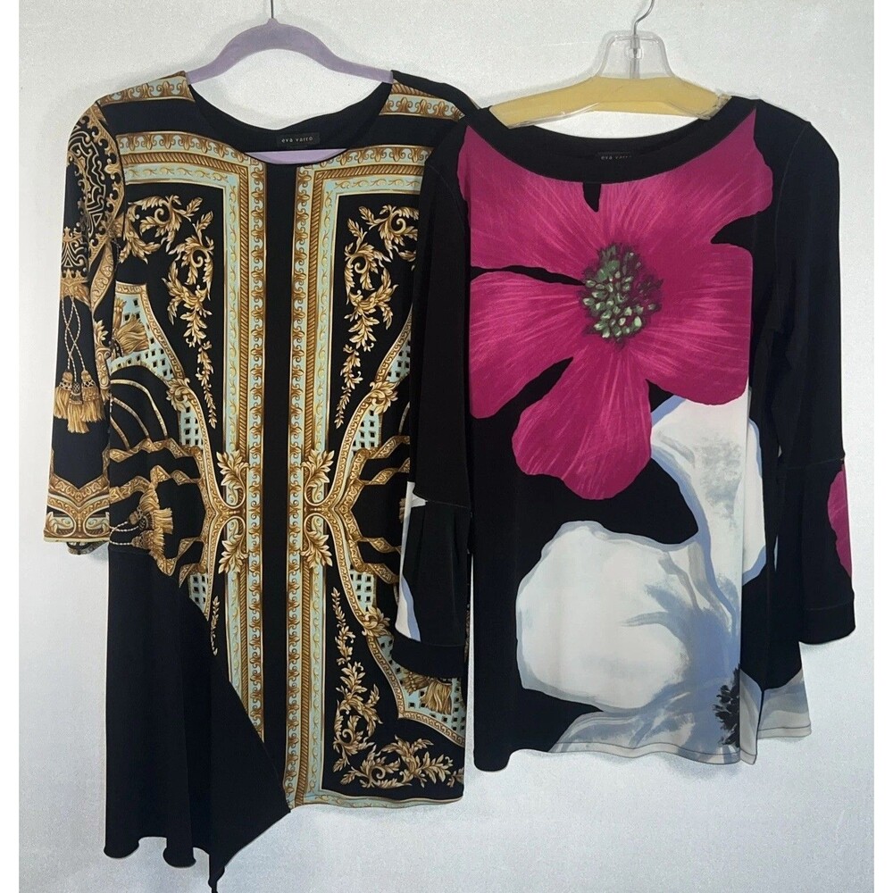Eva Varro Tunic & Shirt Large Stretch Knit Abstract Floral USA Vintage Lot of 2